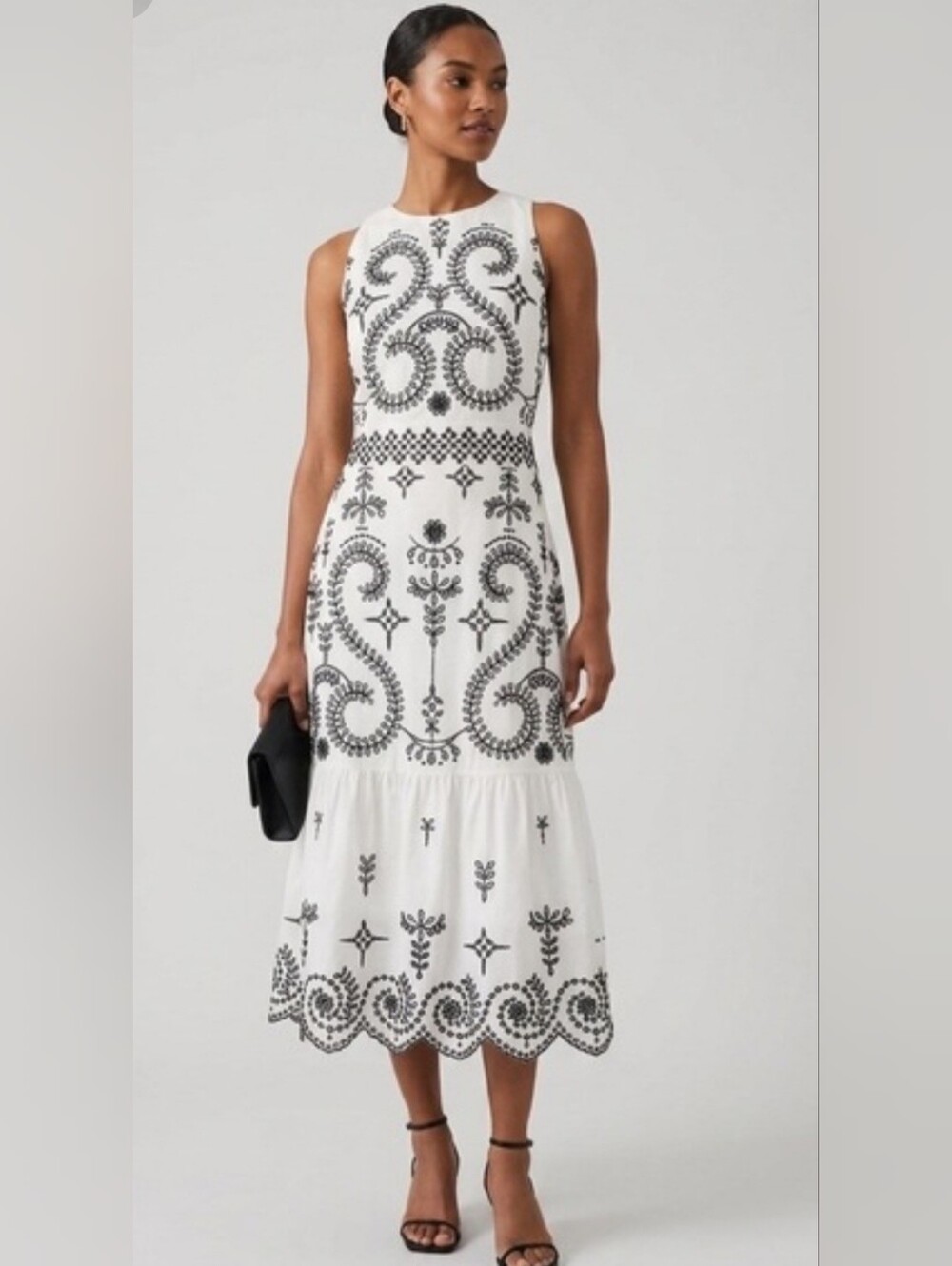 Tory Burch Luxury White w/Black Embroidery Midi Dress, Mermaid-style hem S:4 NWT
